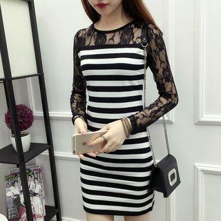 Stripe Lace Panel Long-sleeve Dress