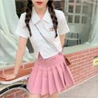 Short-sleeve Bear Embroidered Asymmetrical Shirt / Bow Pleated Mini A-line Skirt