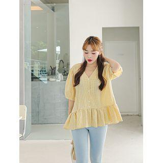 Balloon-sleeve Checked Peplum Blouse