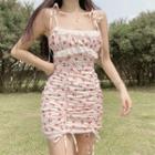 Spaghetti Strap Floral Print Drawstring Mini Bodycon Dress