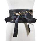 Floral Embroidered Lace-up Satin Wide Belt Black - One Size