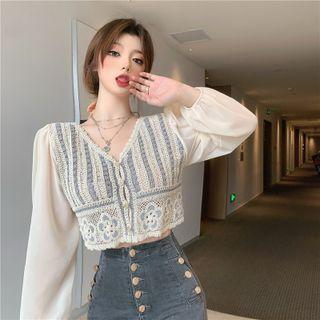 V-neck Crochet Panel Cropped Blouse Almond - One Size