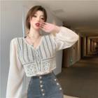 V-neck Crochet Panel Cropped Blouse Almond - One Size