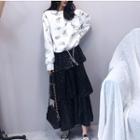 Set: Printed Pullover + Glitter Midi Tiered Skirt