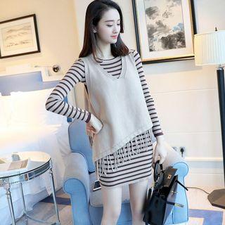 Set: Long-sleeve Striped Sheath Dress + Fringe Vest