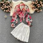 Set Of 2 : Print Chiffon Top + High-waist Wide-leg Shorts