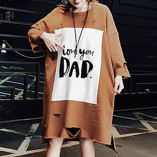 Lettering 3/4-sleeve Ripped T-shirt Dress