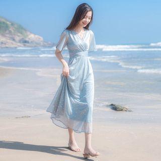 Short-sleeve Star Midi A-line Mesh Dress