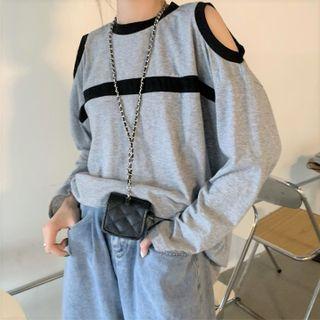 Long-sleeve Contrast Trim Cold-shoulder T-shirt