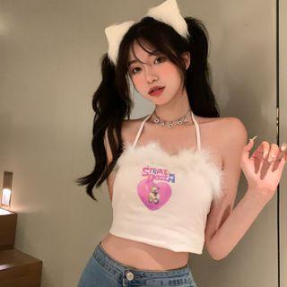 Graphic Print Fluffy Trim Cropped Camisole Top White - One Size