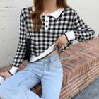 Long-sleeve Polo Collared Plaid Knit Top