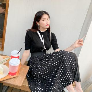 Set: Mock-neck Knit Top + Polka-dot Pleat Skirt Black - One Size