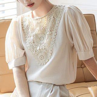 Short-sleeve Lace Trim Top Premium Edition - Almond - One Size