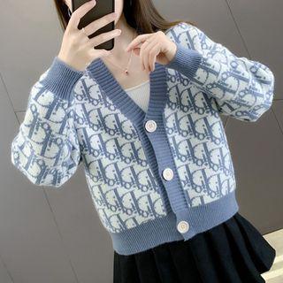 Long-sleeve V-neck Cropped Knit Sweater Cardigan