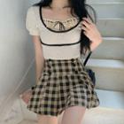 Short-sleeve Lace Trim Top / Plaid Skirt