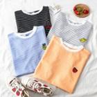 Fruit Embroidered Short Sleeve Striped T-shirt