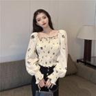 Long-sleeve Floral Print Shirred Chiffon Top Black & White - One Size