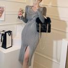 Long-sleeve V-neck Slit Ribbed Knit Sheath Dress Gray - One Size