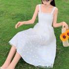 Spaghetti Strap Floral Mesh Panel Midi A-line Dress / Chiffon Tie-front Jacket