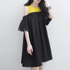 Convertible-sleeve Off-shoulder Mock Two-piece A-line Dress