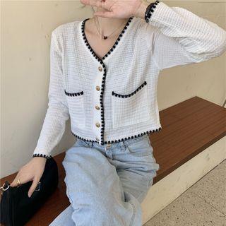 Long-sleeve Contrast V-neck Cardigan