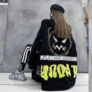 Embroidered Fleece Zipped Coat Black - One Size