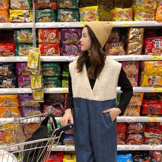 Faux Shearling Wide-leg Denim Jumper Pants