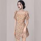 Puff-sleeve Square Neck Floral Mini Sheath Dress