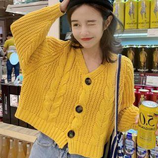 V-neck Plain Cable-knit Cardigan