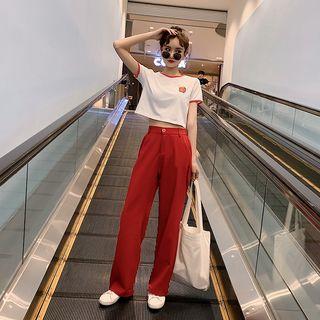 Set: Printed Short-sleeve Cropped T-shirt + Wide Leg Pants