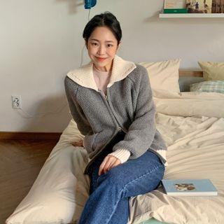 Contrast-trim Reversible-zip Cardigan