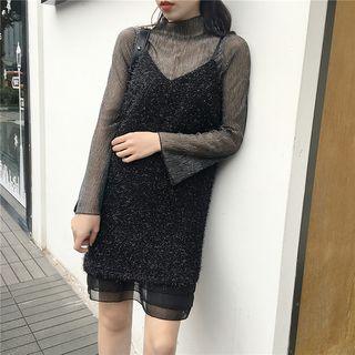 Long-sleeve Textured Top / Spaghetti Strap Furry Dress