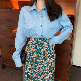 Long-sleeve Denim Shirt / Floral-print Midi Fitted Skirt