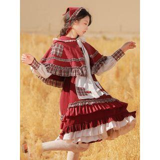 Plaid Ruffled Hooded Cape / Puff-sleeve A-line Dress / Scarf / Set