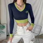 Long-sleeve Contrast Trim Knit Crop Top Green - One Size