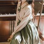 Long-sleeve Tie-neck Shirt / Midi A-line Skirt