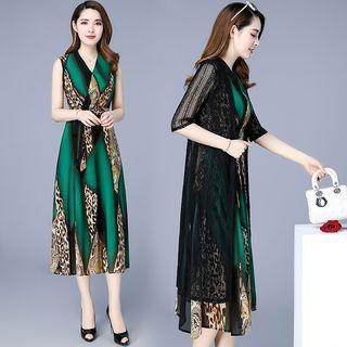 Set: Sleeveless Leopard Print Paneled A-line Midi Chiffon Dress + Elbow-sleeve Lace Light Jacket