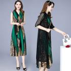 Set: Sleeveless Leopard Print Paneled A-line Midi Chiffon Dress + Elbow-sleeve Lace Light Jacket