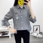 Cat Embroidered Gingham Shirt