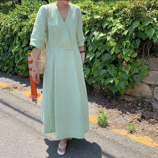 Elbow-sleeve Maxi Plain Dress Green - One Size