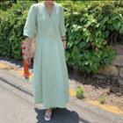 Elbow-sleeve Maxi Plain Dress Green - One Size