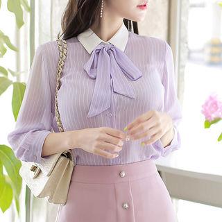 Contrast-collar Stripe Chiffon Shirt With Sash