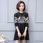 Elbow-sleeve Butterfly Print A-line Mini Dress