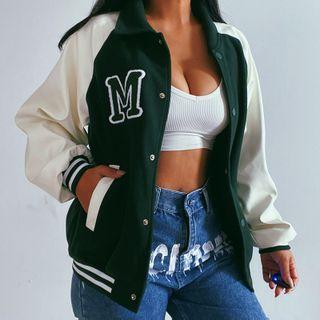 Long Sleeve Color-block Lettering Bomber Jacket