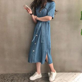 V-neck Denim Long Shirtdress With Sash