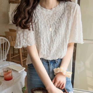 Short Sleeve Shirred Chiffon Blouse White - One Size