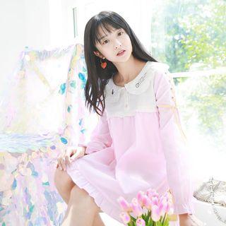 Cat Embroidered Collared Long Sleeve Dress