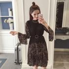 Set: Long-sleeve Chiffon Floral Dress + Knit Vest