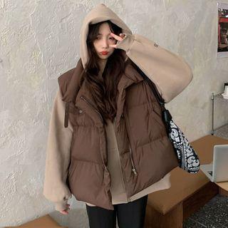Plain Sleeveless Padded Coat / Letter Printed Hoodie
