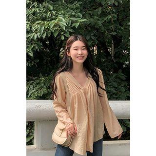 V-neck Pintuck Swing Blouse Beige - One Size